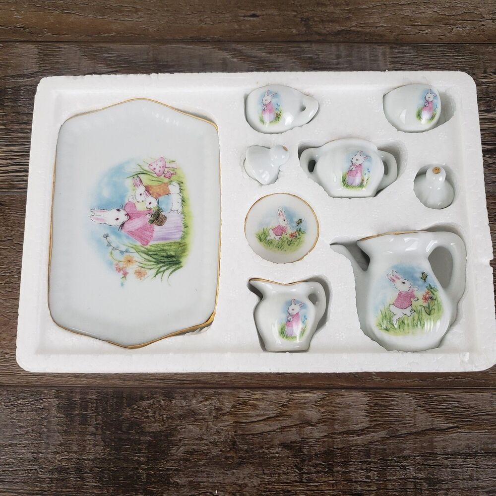 Miniature Tea Set Porcelain Rabbits Bunnies Woodland Cottage VTG